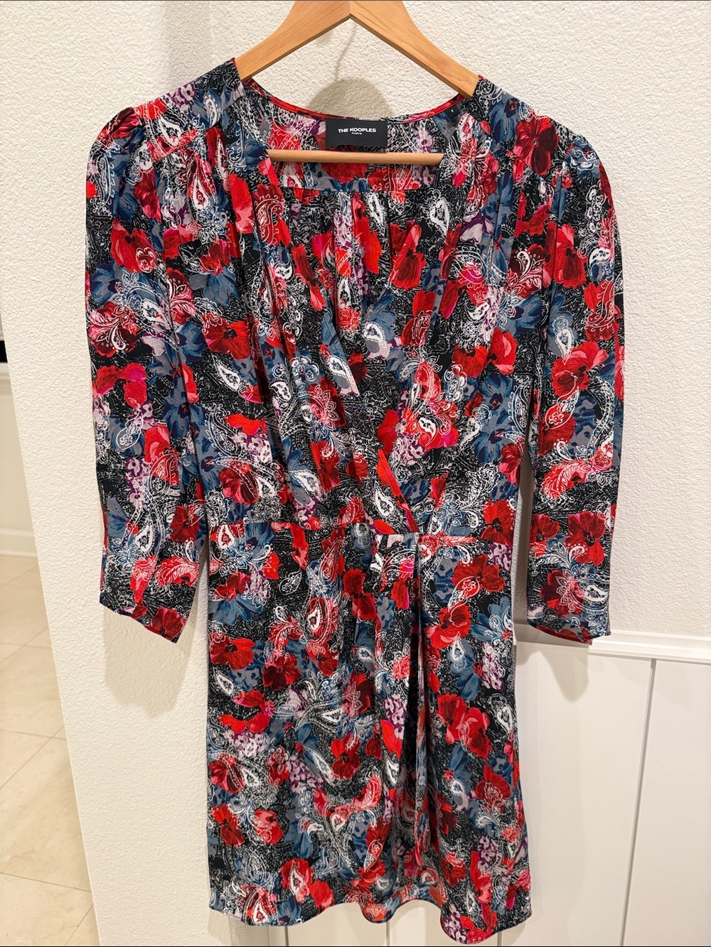 The Kooples Red and Blue Floral Long Sleeve Wrap Dress